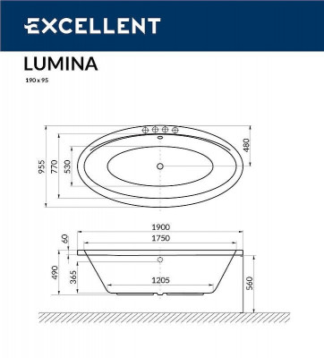Ванна акриловая Excellent Lumina 190x95 WAEX.LUM19.SOFT.GL с гидромассажем овальная