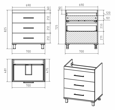 Тумба для раковины Misty Терра - 70 с 3 ящ. серая П-Тер01070-01503Я