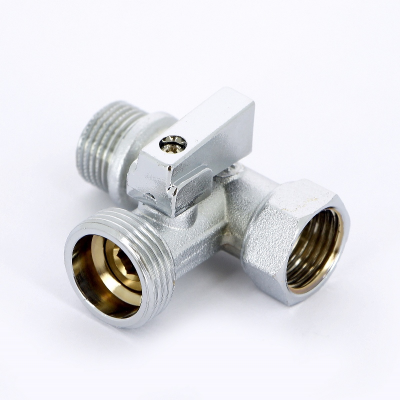 Кран шаровой для стиральных машин UNI-FITT ННВ 1/2" x 3/4" х 1/2" проходной, флажок, хромированный угловой (182C2320)