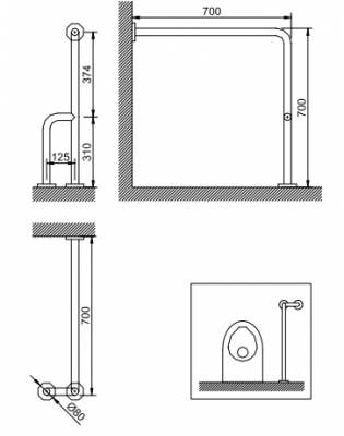 Матовый поручень под 90 градусов с настенной и двумя напольными точками опоры