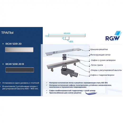 Душевой лоток RGW SDR-20B 47212060-04 с черной решеткой