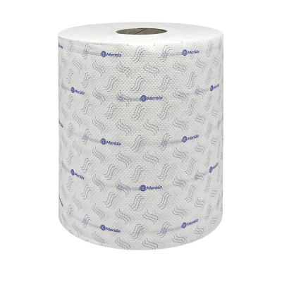 Бумажные полотенца ц.вытяжка 2-слойные белые, с синим рисунком "ТОП ПРИНТ МАКСИ" (6х160м.) MERIDA BP3405
