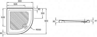 Душевой поддон, 1/4 круга, 90 x 90 см, слив 90 мм JACOB DELAFON KYREO (EN107-00)