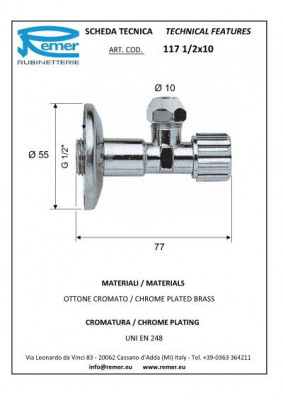 Кран угловой Remer RR 117 1/2*10ц проб.сальн
