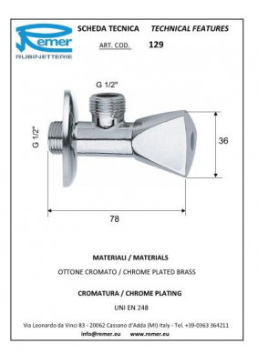 Кран шаровой угловой Remer RR 129 (1/2"-1/2")