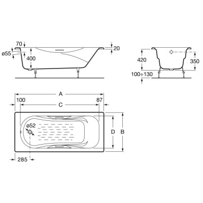 Ванна чугунная Roca Malibu 150х75 см, с отверстиями для ручек 2315G000R прямоугольная