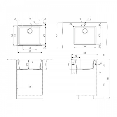Кухонная мойка Ulgran Quartz Under 500-07, уголь