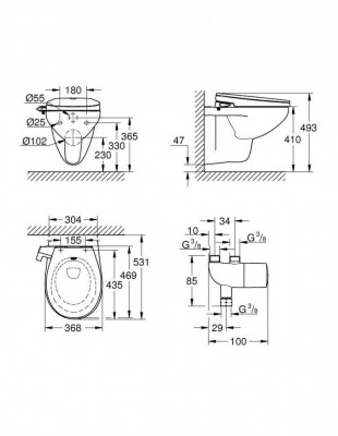 Комплект 3 в1 GROHE Bau: сиденье-биде, подвесной безободковый унитаз, Grohtherm Micro, альпин-белый (39652SH0)