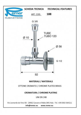 Кран шаровой угловой Remer RR 188 1/2" с отводом