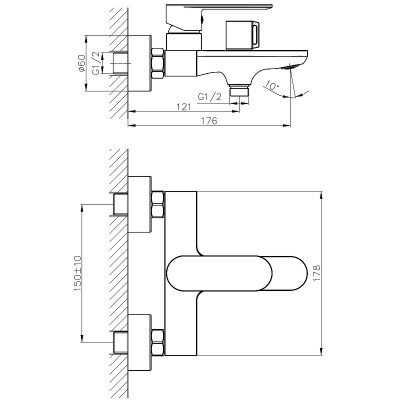Смеситель для ванны Haiba HB60590-7 с душевым гарнитуром (латунь) черный