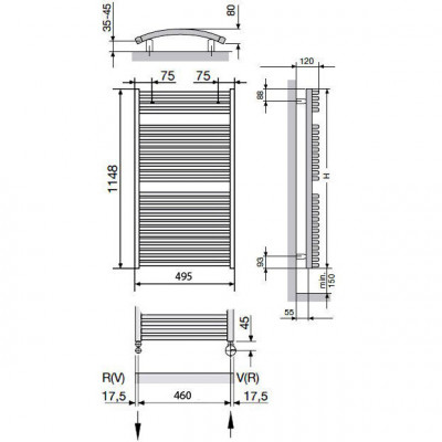 Zehnder Janda JABC-120-050 полотенцесушитель водяной для ГВС, нержавеющая сталь, 114,8см x 49,5см