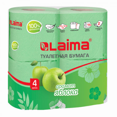 Бумага туалетная бытовая, спайка 4 шт., 2-х слойная, (4х19 м), LAIMA/ЛАЙМА, аромат яблока, 128722