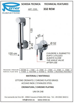 REMER Minimal 332REW Гигиенический душ - комплект с запорным вентилем (хром)