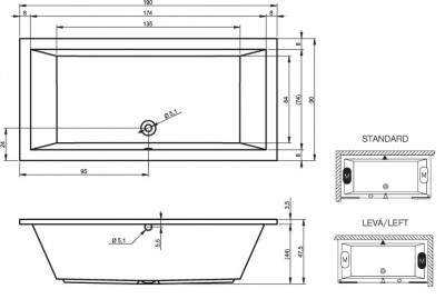 RIHO LUSSO BA99 ванна без гидромассажа, 190 см х 90 см