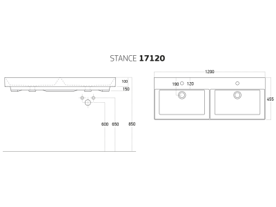 Мебельный умывальник Dreja STANCE 120 см на две чаши, белая керамика