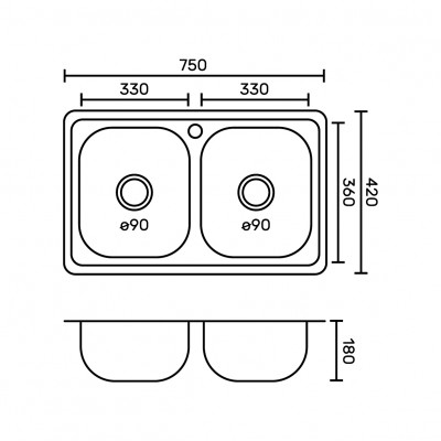 Мойка врезная, двойная 75 х 42 см толщина 0,8 мм глубина 180 мм + большой двойной сифон с переливом Fabia (7542)