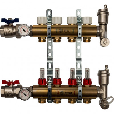 Распределительный коллектор из латуни с расходомерами 4 вых STOUT (SMB 0473 000004)