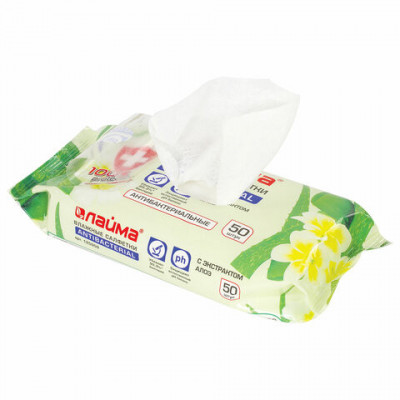 Салфетки влажные 50 шт., LAIMA/ЛАЙМА Antibacterial, антибактериальные, с экстрактом алоэ, 125959