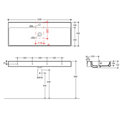Kerasan Cento 3534bi*1 раковина, 120 см х 45 см