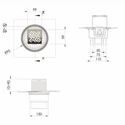 Трап BERGES водосток ZENTRUM Antik 100х100, хром глянец, выпуск D50/75/110 H74 вертикальный