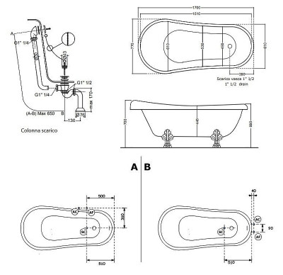Ванна акриловая Kerasan Retro 170x77 105591 белый золото овальная