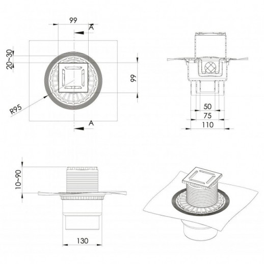 Трап BERGES водосток ZENTRUM Norma 100х100, золото глянец, выпуск D50/75/110 H74 вертикальный
