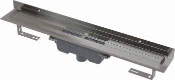 Водоотводящий желоб с порогами для цельной решетки и фиксированным воротником к стене, вертикальный сток AlcaPlast APZ1016-650