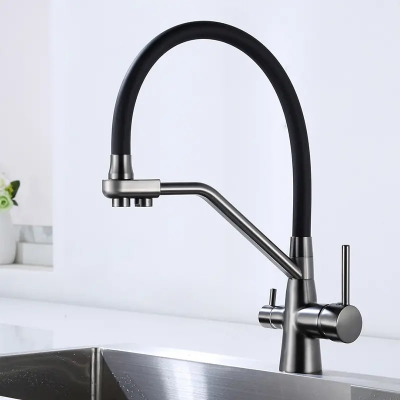 Смеситель для кухни с гибким изливом и подключением фильтра Maretti Eleganza EN31RGF14, оружейная сталь