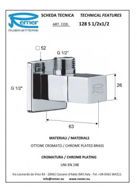 Кран шаровой угловой Remer RR 128 S 1/2"x1/2"