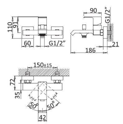 Смеситель для ванны и душа Cezares Porta PORTA-VM-NOP, черный матовый