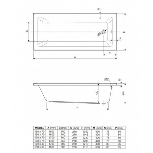 Ванна акриловая Cezares Plane Solo Mini-180-80-42 180 x 80 x 42 см