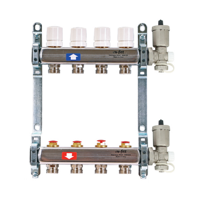 Коллекторная группа 1" Uni-Fitt 451A нерж. сталь 4 выхода 3/4" с регулировочными и термостатическими вентилями с авт.воздухоотводчиком (451A4304)