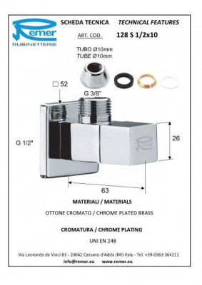 Кран шаровой угловой Remer SQUARE RR 128 S 1/2"x10ц