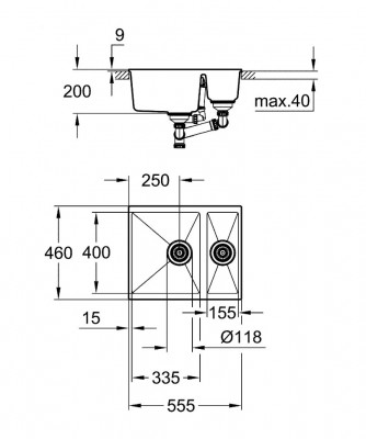 Мойка GROHE K500 с 1,5 чашей, 555 x 460 мм, черный гранит (31648AP0)