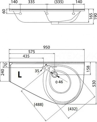 RAVAK Avocado XJ9L1100000 Comfort L раковина 95 см с отверстием левая, белая, литой мрамор