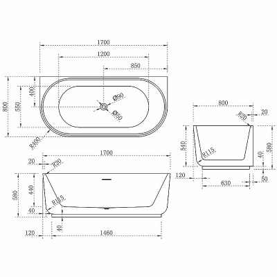 Ванна акриловая Vincea 170x80 VBT-621 без гидромассажа пристенная прямоугольная