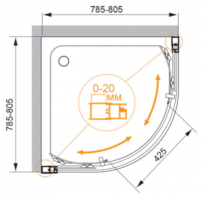 Душевой уголок CEZARES 80 x 80 x 195 см полукруглая хром (MOMENTO-R-2-80-C-Cr)