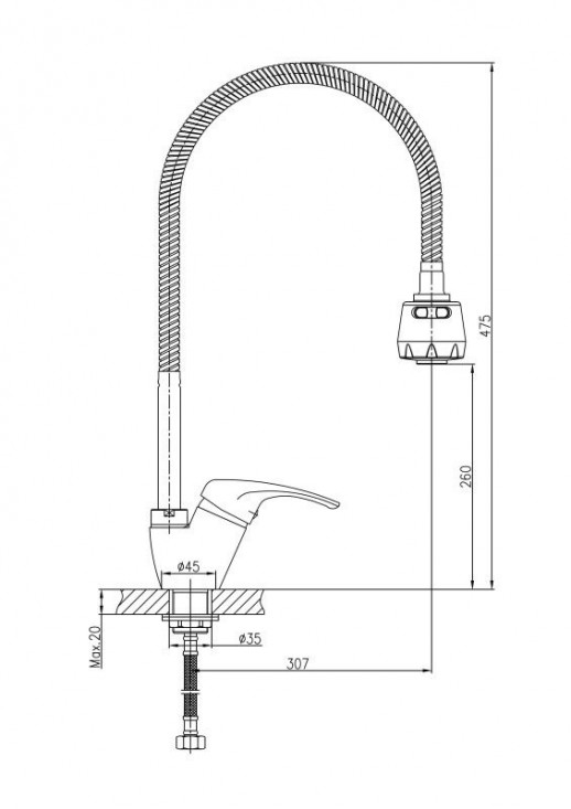 Смеситель для кухни Haiba HB4313 с гибким изливоми лейкой на 2 режима (латунь) хром