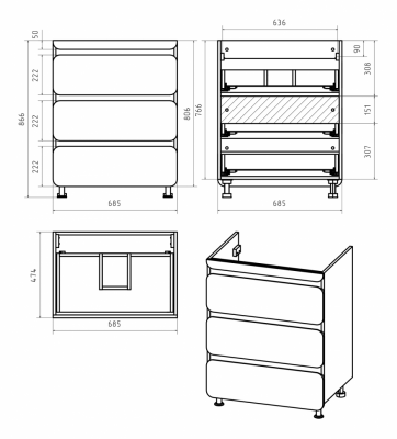 Тумба для раковины Misty Чегет - 70 с 3 ящ. под стиральную машину П-Чег-01070-01Н3Я
