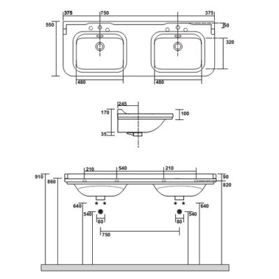 Kerasan Waldorf 4143K1bi/cr*1 раковина двойная, 150 см х 55 см