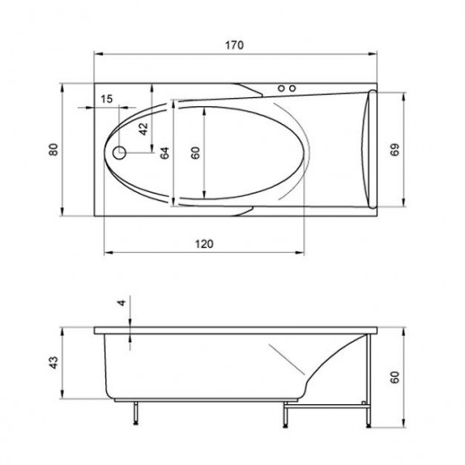 Акватика Кинетика Стандарт ванна без гидромассажа, 170 см х 80 см