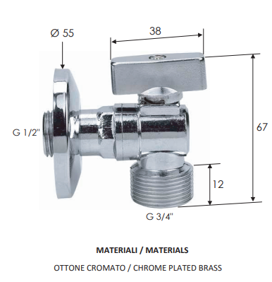 Кран шаровой угловой Remer RR 261 NR 1/2"×3/4" (с обратным клапаном)