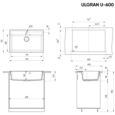Мойка для кухни Ulgran Classic U-600-302 песочная ис-ный камень прямоугольная