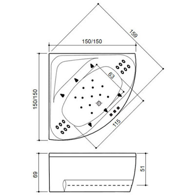 Balteco Linea 15 S3 ванна с гидромассажем, 150 см х 150 см