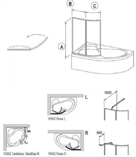 RAVAK 76L80100Z1 шторка VSK2 Rosa 150L для ванны 150 см левая, белый/стекло