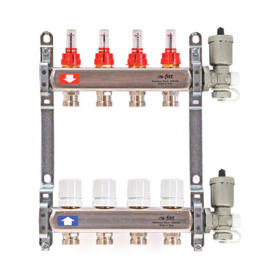 Коллекторная группа 1" Uni-Fitt 450A нерж. сталь 4 выхода 3/4" с расходомерами и термостатическими вентилями с авт.воздухоотводчиком (450A4304)