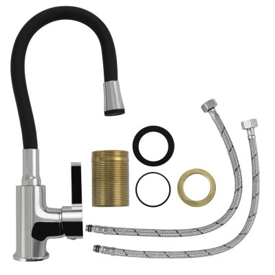 Смеситель кухонный с гибким изливом, шаровый, черный излив Fabia (9654)