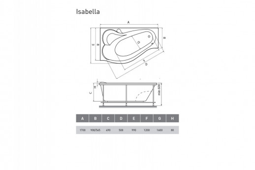 Ванна акриловая левосторонняя Relisan ISABELLA Гл000010529 170x90 ассиметричная 300 л