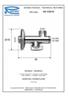 Кран шаровой угловой Remer RR 123 1/2"x1/2" (с фильтром)