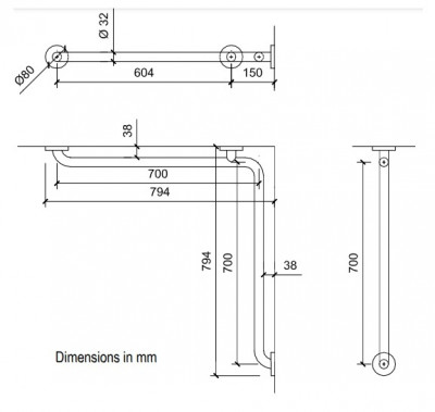 Опорный поручень для установки в угол 700*700 мм (глянцевая нержавеющая сталь) NOFER 15052.B